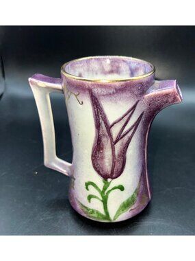 Handmade Purple Tulip Motif Ceramic Pitcher Gold Accents Signed By Maker Creamer